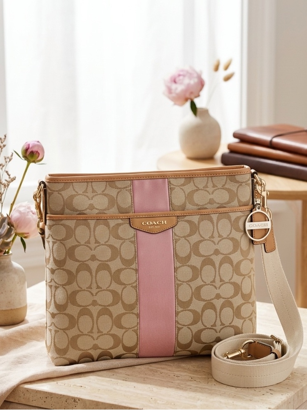 Coach Signature Stripe File Crossbody Bag (Khaki & Shell Pink) Dual Hang Tag EUC